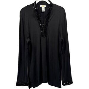 Talbots‎ Women's Top Size Petite Large PL Black Stretch Sequin Cuffs Neckline